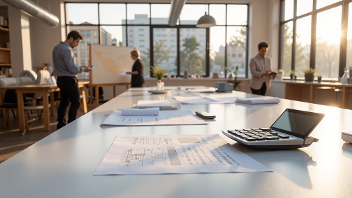 现代化办公环境,开放式工位,员工正在讨论项目,明亮室内灯光