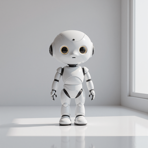 AI陪伴玩偶正面展示，白色圆润外观，大眼睛设计，放在客厅环境中，明亮自然光