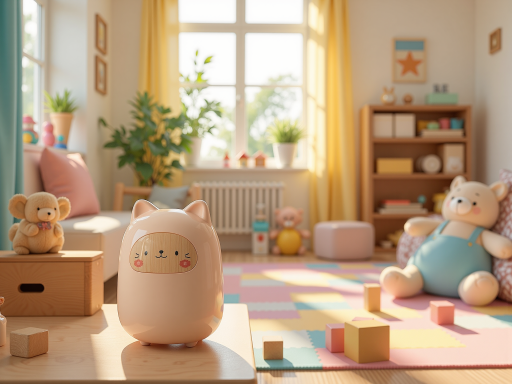 AI陪伴玩偶正面特写,粉色可爱外观,大眼睛表情,放在温馨卧室环境中,柔和灯光