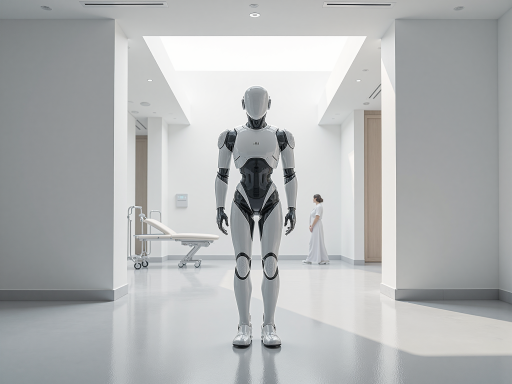 具身智能机器人全身照,白色流线型设计,机械臂结构,放在实验室环境中,明亮灯光