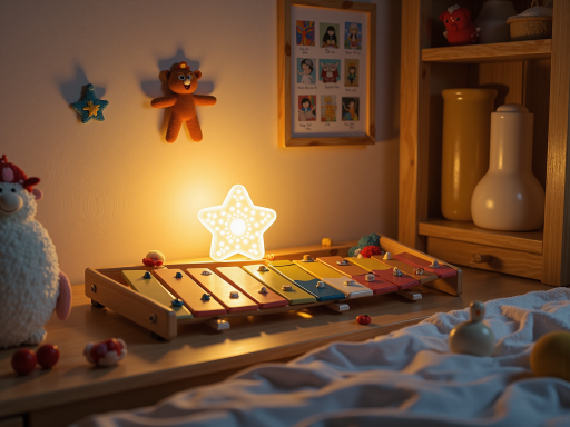 儿童陪伴机器人特写,彩色卡通造型,LED表情屏幕,放在儿童房环境中,温馨灯光