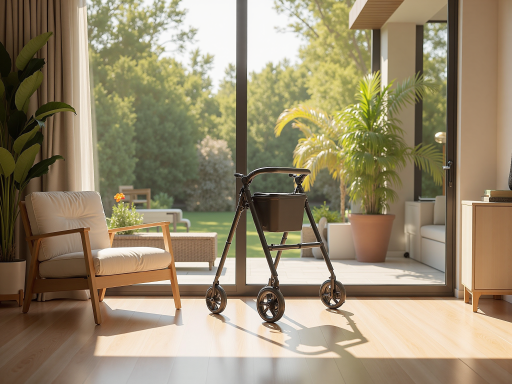 老年人护理机器人正面照,温和友好外观,扶手设计,放在养老院环境中,温暖灯光